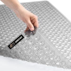 imageGORILLA GRIP Patented Bath Tub Shower Mat Machine Washable Bathtub Floor Liner Mats Suction Cups and Drain Holes to Keep Tubs Clean Soft on Feet Bathroom Essentials 35x16 Inch ClearGray Translucent