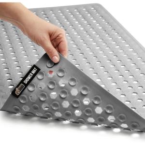imageGORILLA GRIP Patented Bath Tub Shower Mat Machine Washable Bathtub Floor Liner Mats Suction Cups and Drain Holes to Keep Tubs Clean Soft on Feet Bathroom Essentials 35x16 Inch ClearGray Opaque