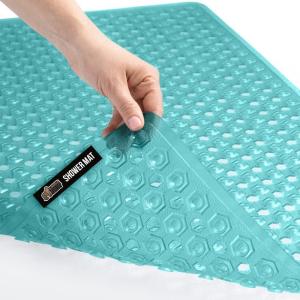 imageGORILLA GRIP Patented Bath Tub Shower Mat Machine Washable Bathtub Floor Liner Mats Suction Cups and Drain Holes to Keep Tubs Clean Soft on Feet Bathroom Essentials 35x16 Inch ClearTurquoise Translucent