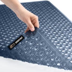 imageGORILLA GRIP Patented Bath Tub Shower Mat Machine Washable Bathtub Floor Liner Mats Suction Cups and Drain Holes to Keep Tubs Clean Soft on Feet Bathroom Essentials 35x16 Inch ClearNavy Translucent