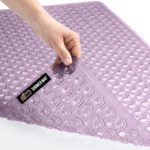 imageGORILLA GRIP Patented Bath Tub Shower Mat Machine Washable Bathtub Floor Liner Mats Suction Cups and Drain Holes to Keep Tubs Clean Soft on Feet Bathroom Essentials 35x16 Inch ClearPurple Translucent