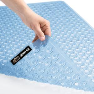 imageGORILLA GRIP Patented Bath Tub Shower Mat Machine Washable Bathtub Floor Liner Mats Suction Cups and Drain Holes to Keep Tubs Clean Soft on Feet Bathroom Essentials 35x16 Inch ClearBlue Translucent
