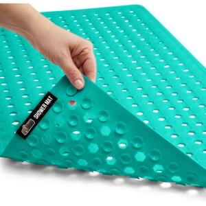 imageGORILLA GRIP Patented Bath Tub Shower Mat Machine Washable Bathtub Floor Liner Mats Suction Cups and Drain Holes to Keep Tubs Clean Soft on Feet Bathroom Essentials 35x16 Inch ClearTurquoise Opaque