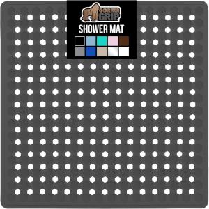 imageGORILLA GRIP Patented Square Shower Stall Mat Small Bathtub Floor Mats for Stand Up Showers with Suction Cups and Drainage Holes Machine Wash Soft on Feet Bathroom Accessories 21x21 Inch ClearCharcoal Opaque