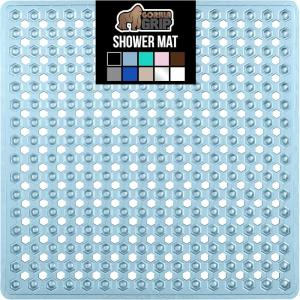 imageGORILLA GRIP Patented Square Shower Stall Mat Small Bathtub Floor Mats for Stand Up Showers with Suction Cups and Drainage Holes Machine Wash Soft on Feet Bathroom Accessories 21x21 Inch ClearBlue Translucent