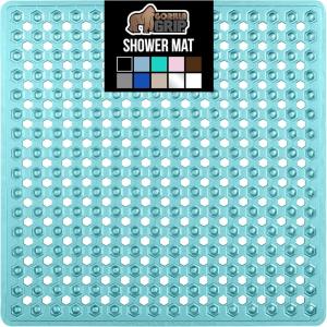 imageGORILLA GRIP Patented Square Shower Stall Mat Small Bathtub Floor Mats for Stand Up Showers with Suction Cups and Drainage Holes Machine Wash Soft on Feet Bathroom Accessories 21x21 Inch ClearTurquoise Translucent