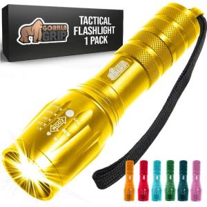 imageGORILLA GRIP Powerful LED Tactical Flashlight 750 FT High Lumens 5 Adjustable Modes Water Resistant Ultra Bright Zoom Flashlights Small Mini Flash Light Camping Night Dog Walking BlackYellow Gold