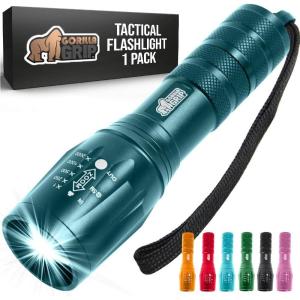 imageGORILLA GRIP Powerful LED Tactical Flashlight 750 FT High Lumens 5 Adjustable Modes Water Resistant Ultra Bright Zoom Flashlights Small Mini Flash Light Camping Night Dog Walking BlackTeal Blue