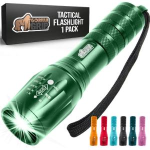 imageGORILLA GRIP Powerful LED Tactical Flashlight 750 FT High Lumens 5 Adjustable Modes Water Resistant Ultra Bright Zoom Flashlights Small Mini Flash Light Camping Night Dog Walking BlackHunter Green