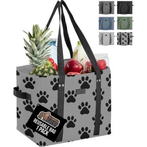 imageGORILLA GRIP Reusable Grocery Bags Tear Resistant Heavy Duty Shopping Bag Strong Handles Grip Feet Easily Carry GroceriesPaw Gray Black