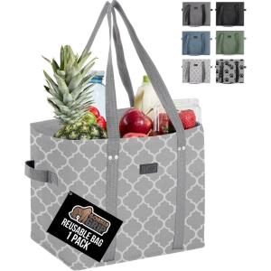 imageGORILLA GRIP Reusable Grocery Bags Tear Resistant Heavy Duty Shopping Bag Strong Handles Grip Feet Easily Carry GroceriesQuatrefoil Gray