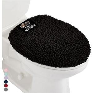 imageGORILLA GRIP Soft Chenille Bathroom Toilet Lid Cover Machine Washable Seat Covers 195x185 Stays in Place Rubber Backing Fits Most Round Elongated and Oblong Lids Accessories Decor GrayBlack