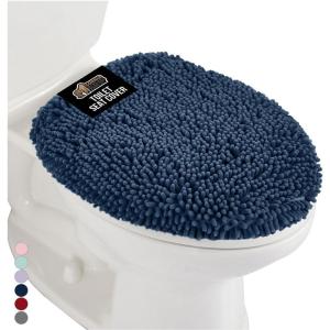 imageGORILLA GRIP Soft Chenille Bathroom Toilet Lid Cover Machine Washable Seat Covers 195x185 Stays in Place Rubber Backing Fits Most Round Elongated and Oblong Lids Accessories Decor GrayNavy