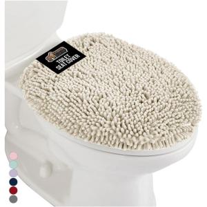 imageGORILLA GRIP Soft Chenille Bathroom Toilet Lid Cover Machine Washable Seat Covers 195x185 Stays in Place Rubber Backing Fits Most Round Elongated and Oblong Lids Accessories Decor GrayIvory