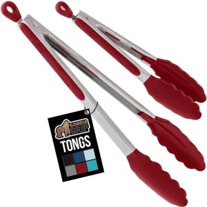 imageGORILLA GRIP Stainless Steel Heat Resistant Kitchen Tongs for Cooking 12  14 Inch Set of 2 BBQ Tong Non Scratch Silicone Tip for Pan Strong Grip Grab Food Toss Salad Air Fryer Pull Lock BlackRed