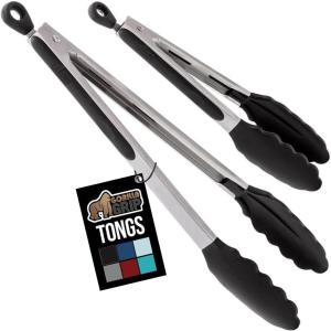 imageGORILLA GRIP Stainless Steel Heat Resistant Kitchen Tongs for Cooking 12  14 Inch Set of 2 BBQ Tong Non Scratch Silicone Tip for Pan Strong Grip Grab Food Toss Salad Air Fryer Pull Lock BlackBlack