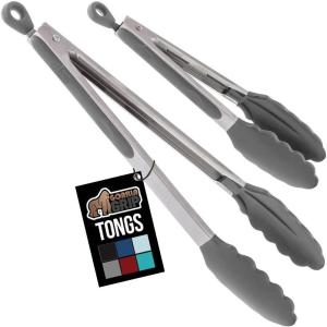 imageGORILLA GRIP Stainless Steel Heat Resistant Kitchen Tongs for Cooking 12  14 Inch Set of 2 BBQ Tong Non Scratch Silicone Tip for Pan Strong Grip Grab Food Toss Salad Air Fryer Pull Lock BlackGray
