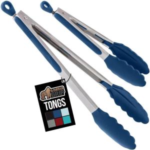 imageGORILLA GRIP Stainless Steel Heat Resistant Kitchen Tongs for Cooking 12  14 Inch Set of 2 BBQ Tong Non Scratch Silicone Tip for Pan Strong Grip Grab Food Toss Salad Air Fryer Pull Lock BlackBlue