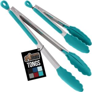 imageGORILLA GRIP Stainless Steel Heat Resistant Kitchen Tongs for Cooking 12  14 Inch Set of 2 BBQ Tong Non Scratch Silicone Tip for Pan Strong Grip Grab Food Toss Salad Air Fryer Pull Lock BlackTurquoise