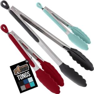 imageGORILLA GRIP Stainless Steel Heat Resistant Kitchen Tongs for Cooking 12  14 Inch Set of 2 BBQ Tong Non Scratch Silicone Tip for Pan Strong Grip Grab Food Toss Salad Air Fryer Pull Lock BlackBlack Mint Red