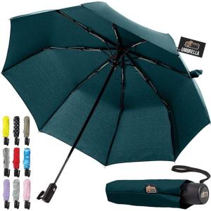 imageGORILLA GRIP Strong Stick Umbrella for Rain Compact Travel OneClick Automatic Open Close Lightweight Portable US Designed Reinforced Fiberglass Ribs Wind Resistant Easy Collapse Cats DogsHunter Green
