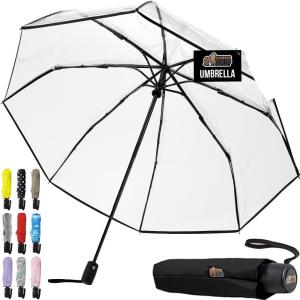 imageGORILLA GRIP Strong Stick Umbrella for Rain Compact Travel OneClick Automatic Open Close Lightweight Portable US Designed Reinforced Fiberglass Ribs Wind Resistant Easy Collapse Cats DogsClear