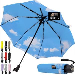 imageGORILLA GRIP Strong Stick Umbrella for Rain Compact Travel OneClick Automatic Open Close Lightweight Portable US Designed Reinforced Fiberglass Ribs Wind Resistant Easy Collapse Cats DogsSky Blue Clouds