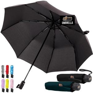 imageGORILLA GRIP Strong Stick Umbrella for Rain Compact Travel OneClick Automatic Open Close Lightweight Portable US Designed Reinforced Fiberglass Ribs Wind Resistant Easy Collapse Cats DogsBlack  Hunter Green