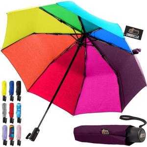 imageGORILLA GRIP Strong Stick Umbrella for Rain Compact Travel OneClick Automatic Open Close Lightweight Portable US Designed Reinforced Fiberglass Ribs Wind Resistant Easy Collapse Cats DogsRainbow