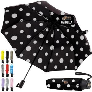 imageGORILLA GRIP Strong Stick Umbrella for Rain Compact Travel OneClick Automatic Open Close Lightweight Portable US Designed Reinforced Fiberglass Ribs Wind Resistant Easy Collapse Cats DogsPolka Dots