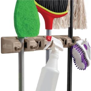 imageGORILLA GRIP Wall Mount Hook Fixture Also Includes Slots to Hold Mop Broom Tools Easy Install Organize Cleaners Tools Home Kitchen Garage 6 Hooks 5 Slots BlackBeige