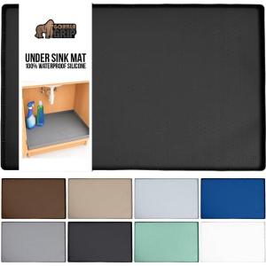 imageGORILLA GRIP Waterproof Silicone Under Sink Mat with Raised Lip for Kitchen and Bathroom Cabinet Shelf Liner Stay in Place Mats Dishwasher Safe Drawer Liner Organizer Tray 19 x 22 in GrayBlack