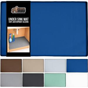 imageGORILLA GRIP Waterproof Silicone Under Sink Mat with Raised Lip for Kitchen and Bathroom Cabinet Shelf Liner Stay in Place Mats Dishwasher Safe Drawer Liner Organizer Tray 19 x 22 in GrayBlue