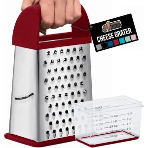 imageGORILLA GRIP XL 4Sided Cheese Grater With Container 100 BPAFree Stainless Steel Box Graters Parmesan Shredder Grate Cheeses Shred Veggies Slip Resistant Handle Dishwasher Safe Zester BlackRed