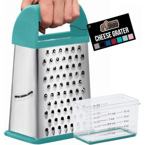imageGORILLA GRIP XL 4Sided Cheese Grater With Container 100 BPAFree Stainless Steel Box Graters Parmesan Shredder Grate Cheeses Shred Veggies Slip Resistant Handle Dishwasher Safe Zester BlackTurquoise