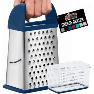 imageGORILLA GRIP XL 4Sided Cheese Grater With Container 100 BPAFree Stainless Steel Box Graters Parmesan Shredder Grate Cheeses Shred Veggies Slip Resistant Handle Dishwasher Safe Zester BlackBlue