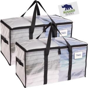 imageRUGGED RHINO Heavy Duty Extra Large Moving Bags 50lb Capacity Tote Durable Water and Puncture Resistant Winter Clothes Storage Totes for Moves Strong Carry Handles Zippers 2 Pack BlueTranslucent