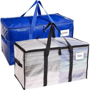 imageRUGGED RHINO Heavy Duty Extra Large Moving Bags 50lb Capacity Tote Durable Water and Puncture Resistant Winter Clothes Storage Totes for Moves Strong Carry Handles Zippers 2 Pack BlueTranslucentBlue