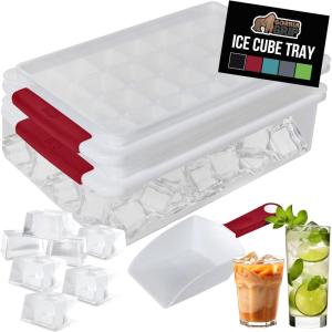 imageGORILLA GRIP Stackable Ice Cube Tray and Bucket Set for Freezer Includes 2 Trays with Lid and Scooper Easy Release Makes 56 Cubes for Cocktail Soda Coffee Leak Proof Bin Kit Kitchen Tools BlackRed