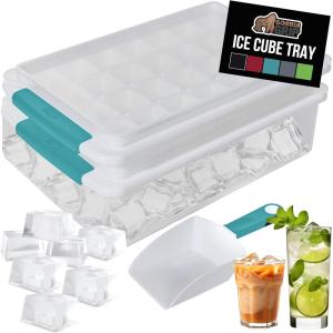 imageGORILLA GRIP Stackable Ice Cube Tray and Bucket Set for Freezer Includes 2 Trays with Lid and Scooper Easy Release Makes 56 Cubes for Cocktail Soda Coffee Leak Proof Bin Kit Kitchen Tools BlackTurquoise