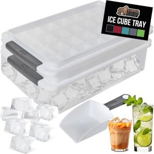 imageGORILLA GRIP Stackable Ice Cube Tray and Bucket Set for Freezer Includes 2 Trays with Lid and Scooper Easy Release Makes 56 Cubes for Cocktail Soda Coffee Leak Proof Bin Kit Kitchen Tools BlackGray