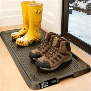 imageGORILLA GRIP Natural Rubber Indoor Outdoor Boot Tray for Shoes Waterproof Winter Mat with Raised Edges and Handle Tear Resistant Heavy Duty Home Garage Floor Mats Easy Clean Shoe Trays 24x16 BlackTaupe Brown
