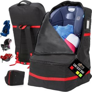 imageGORILLA GRIP Tear and Water Resistant Padded Car Seat Travel Bag for Airplane and Airport Universal Fit Baby Carseat Bags Holds Up to 50lbs Handle amp Shoulder Straps Air Gate Check Carrier GreenRed